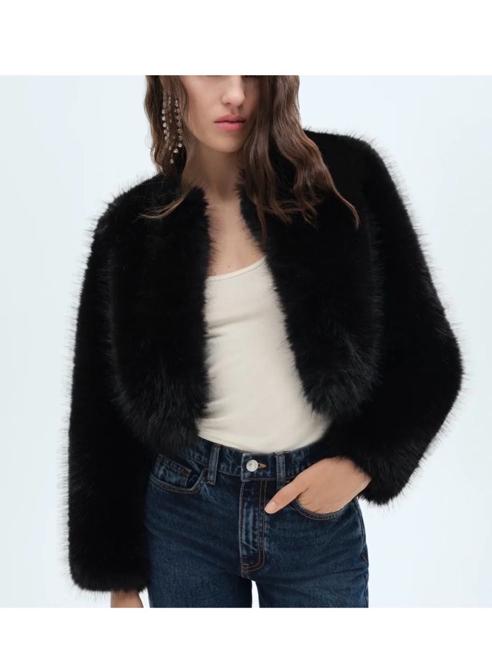 Mango Black Faux Fur Cropped Jacket